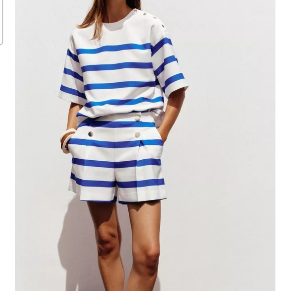 Zara  Blue and White Striped Pleated High Waist Shorts Sz-L - Picture 3 of 9
